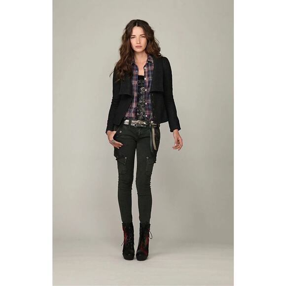 Free People Charcoal Gray Herringbone Gathered Puff Shoulder Wool Blend Jacket - Picture 3 of 16